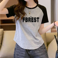 Curved Hem Raglan T-Shirt Trendy Summer Niche Letter Print Pure Cotton Regular Shoulder Loose Short-Sleeve Top for Women