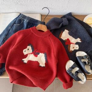 
Children's thick sweater for boys and girls cartoon knitted sweater 2025 winter new baby red festive New Year's clothing to keep warm