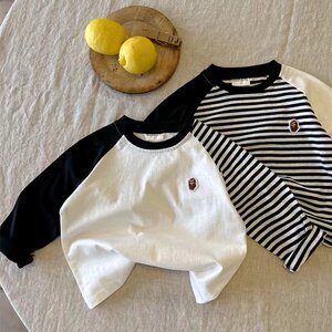 
Children's striped T-shirt boys spring and autumn 2025 new top raglan sleeves trendy baby long-sleeved bottoming shirt women's pure cotton