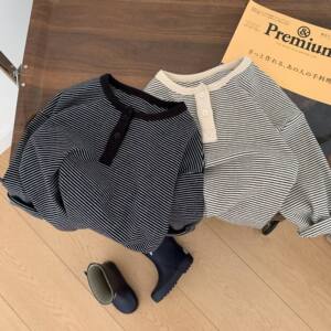 
Children's striped T-shirt for men 2025 autumn new style small and medium-sized children's cotton long-sleeved top baby base shirt fashionable women