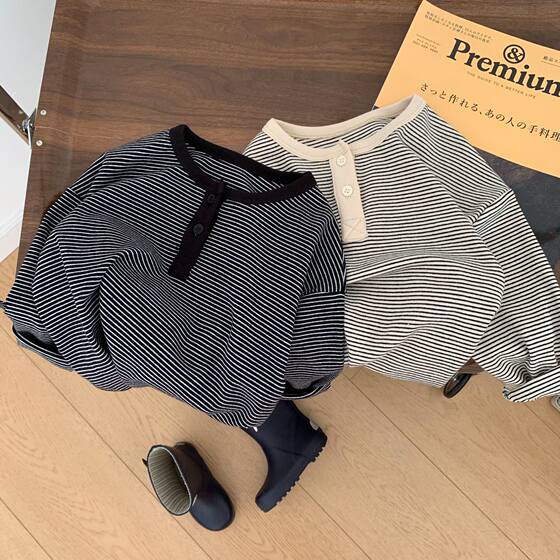 
Children's striped T-shirt for men 2025 autumn new style small and medium-sized children's cotton long-sleeved top baby base shirt fashionable women