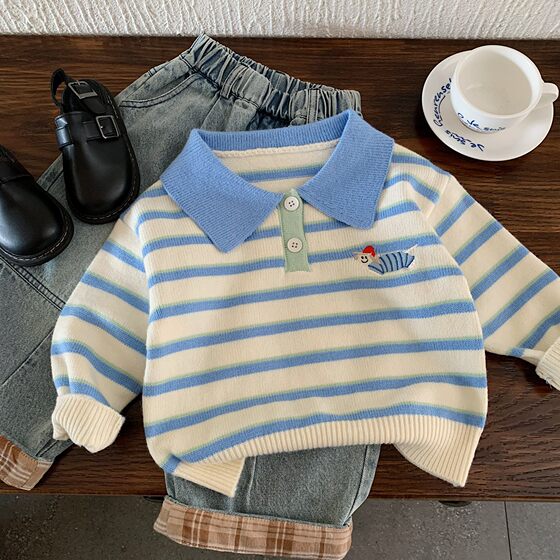 
Children's striped sweater boys 2026 spring and autumn new children's knitted POLO shirt soft baby pullover women's style