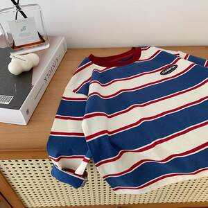 
Children's striped T-shirt long-sleeved spring style casual tops for boys and girls, stylish baby cotton bottoming shirts with high elasticity
