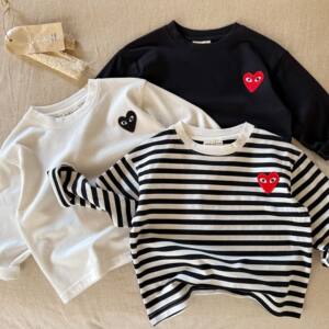
Children's trendy T-shirts 2026 spring and autumn new solid color tops for boys and girls, stylish baby striped bottoming shirts, long sleeves