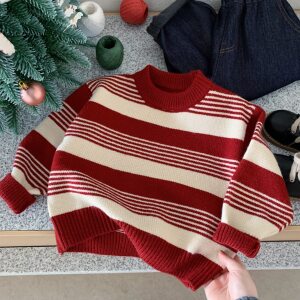 
Children's Striped Sweater Men's Thickened 2025 Winter New Children's Red Pullover Baby Sweater Women's Fashionable