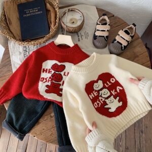 Children's jacquard sweater thickened boy's New Year winter clothes festive baby cartoon bear letter sweater women's new year
