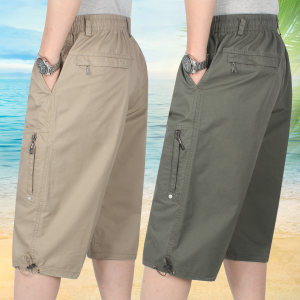 
Pure cotton breathable washed multi-pocket middle-aged men's cropped pants summer thin loose casual shorts large size beach pants