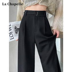 La Chapelle Black High-End Suit Pants for Women, Suitable for Spring, Summer, Autumn, and Winter, High-Waisted, Drapey, Fleece-Lined, Thickened, Slim-Fit Wide-Leg Pants