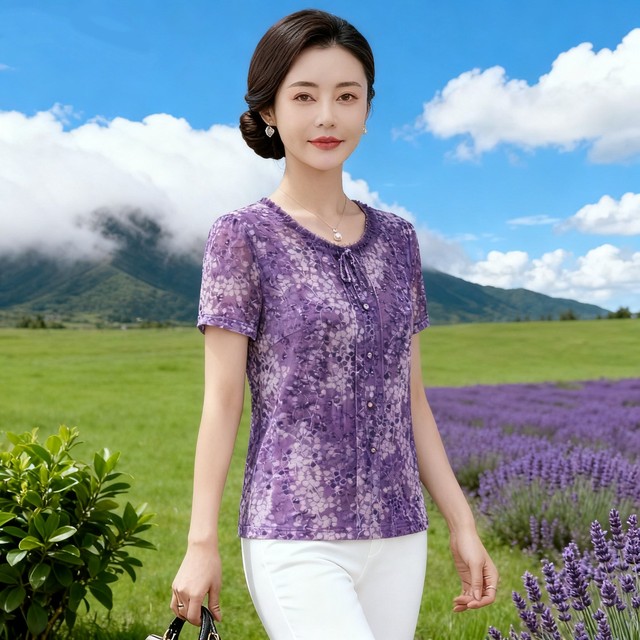 New fashionable middle-aged women's foreign-style tops, thin short-sleeved Taiwanese mesh mom summer clothes, fungus-edged quick-drying T-shirts