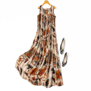 
2-meter swing! Artistic oil painting! Silk large round neck sleeveless loose long skirt dress sundress for vacation