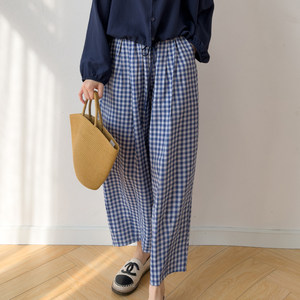 
Blue and white plaid dry silk trousers texture silk elastic waist loose harem pants mulberry silk casual pants