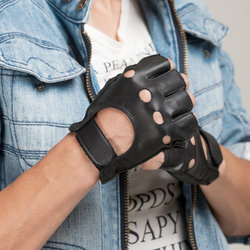 Van Genuine Leather Goatskin Gloves Men's Half Finger Non-Slip Hollow Hip-Hop Driving and Cycling 1078