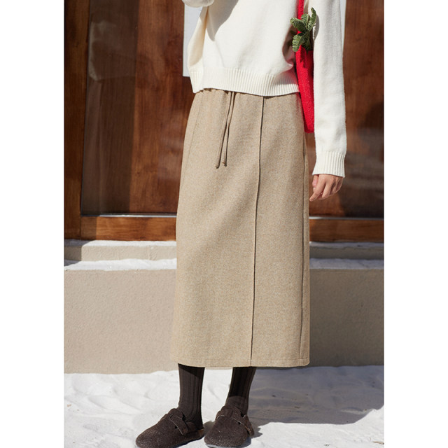 MISAZ textured items, wool blended color versatile mid-length skirt, piece-on decoration winter straight skirt