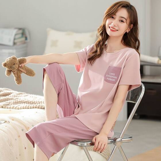 
100% pure cotton pajamas for women with chest pads for summer short-sleeved cropped pants loose summer cotton women's home clothing set