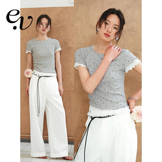 
Even Vintage Slack Summer 100% Cotton Fake Two-Piece Contrast Knitted Short Sleeve T-Shirt Women's Polka Dot Top