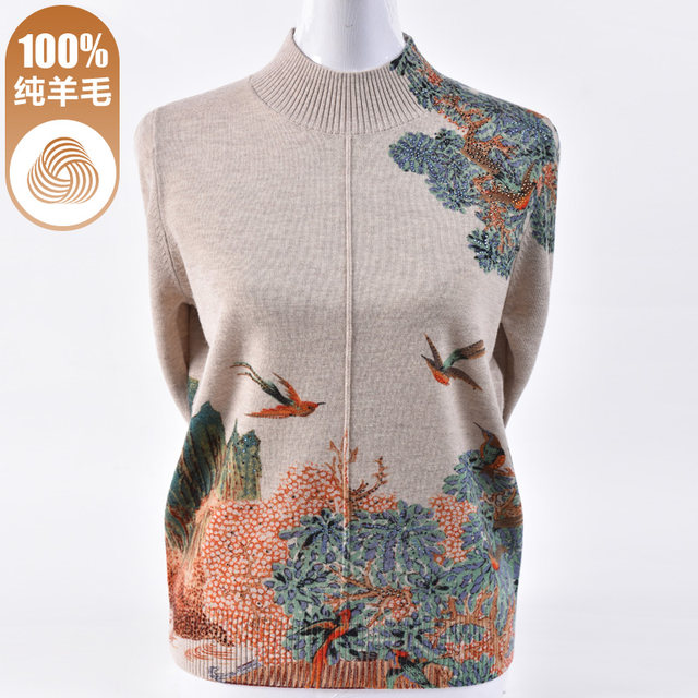 
Middle-aged and elderly autumn half-high collar 100 pure woolen sweaters for middle-aged mothers loose bottoming sweaters for autumn and winter tops