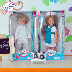 
A boy with white skin and short hair dressed up as a Spanish high-end preschool early childhood play house doctor doll toy