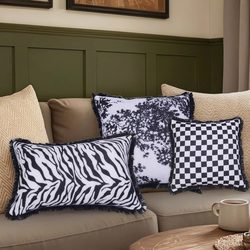 Ins-Style Zebra Pattern Checkerboard Tree Shadow Pillowcase Nordic Living Room Sofa Cushion with Tassel Edge Light Luxury Soft Decoration Pillow