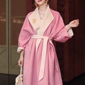 
100% Australian wool double-sided two-color high-end lady gentle and elegant loose soft lace mid-length coat for women