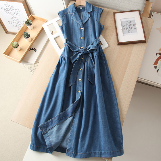 
American single ~ suit lapel sleeveless strap high waist A-line denim skirt dress long skirt women's Hong Kong style retro fashion