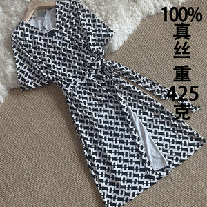 
100 silk knitted dress women's short-sleeved spring and summer cross V-neck French slim mulberry silk tea break dress long dress