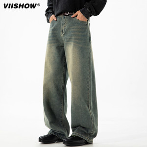 
VISHOW washed distressed straight jeans for men 2025 new autumn loose retro casual wide-leg trousers