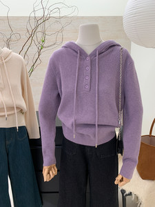 
Hooded drawstring knitted base shirt for women in autumn and winter Korean simple loose half button pullover sweater casual top
