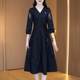 2025 Spring and Autumn New Large Size Seven-Cropped Sleeve Dress Women's Elegance V-neck Hollow Waist Slimming Mid-length Skirt
