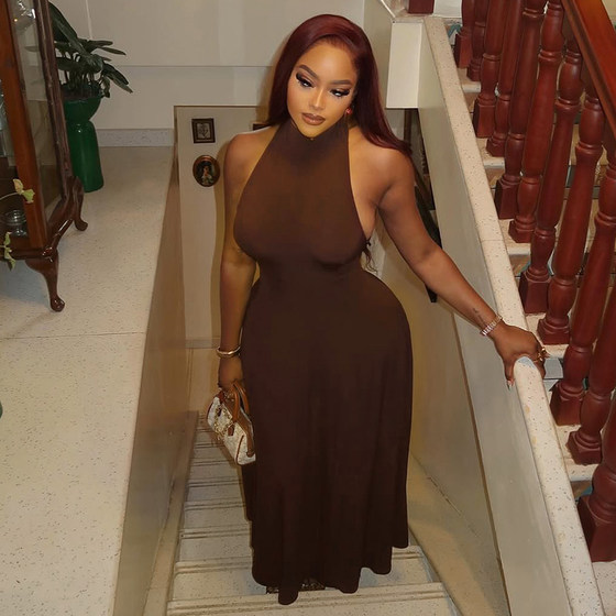 
European and American style halter neck sleeveless solid color dress slimming slim sexy backless long skirt temperament high waist fashionable women's clothing