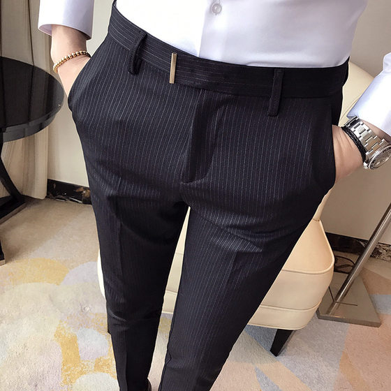 2024 Spring business casual pants Korean version of slim -fitting pants men's striped western pants trousers 9 -point pants

