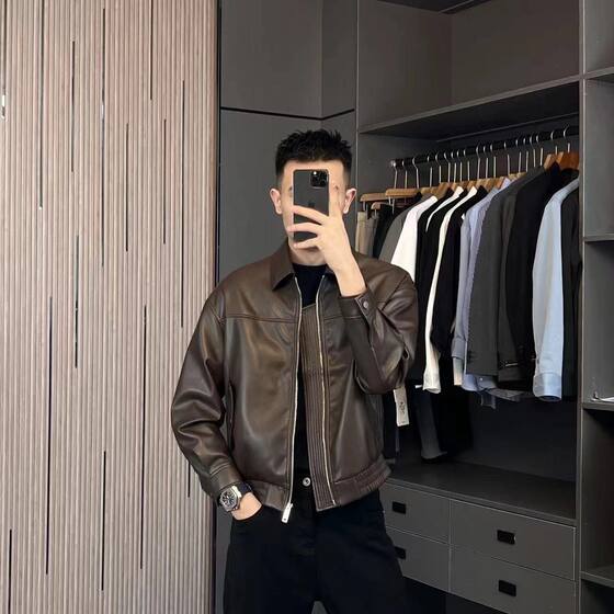 
Light mature style leather jacket men's spring and autumn lapel motorcycle jacket handsome jacket men's high quality soft leather clothing trendy brand