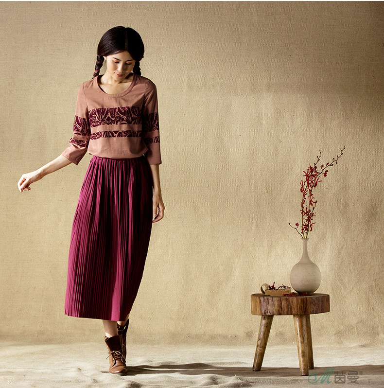 茵曼棉麻女装 春装女士文艺印花拼接中长款圆领套头七分袖衬衫