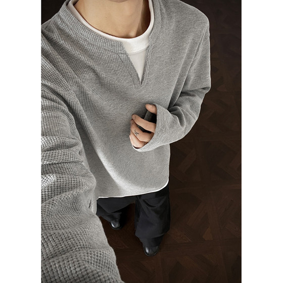 
ins heavy fake two-piece round neck sweatshirt for men and women American loose layered inner top waffle long-sleeved T-shirt