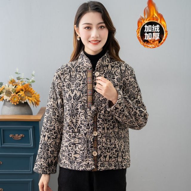 National style mother wear autumn and winter new short cotton jacket Chinese style plus velvet cotton clothes warm stand collar jacket