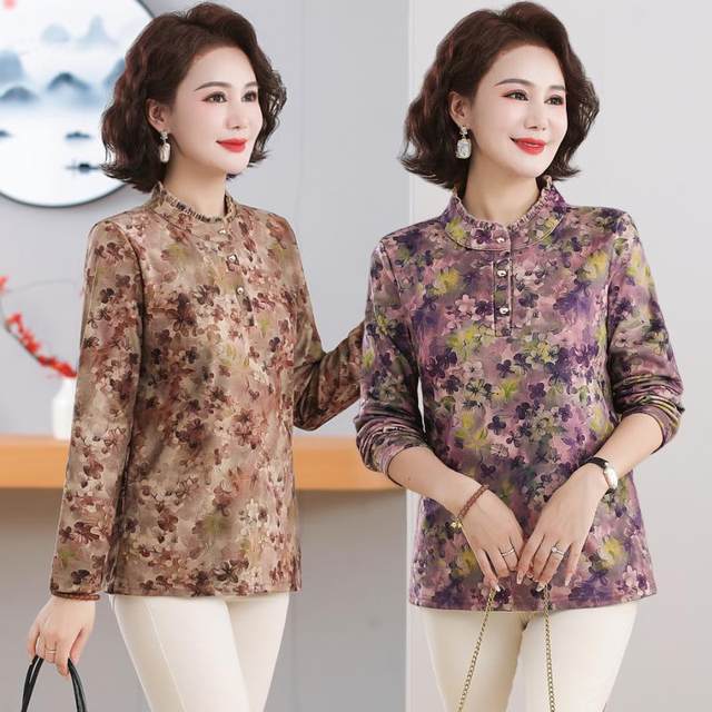 Fashionable and Western-style mom autumn long-sleeved half-high collar bottoming shirt for middle-aged and elderly women plus velvet floral top T-shirt