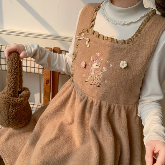 
Mori tribe sweet and cute deer embroidered dress women's new design versatile A-line vest dress winter