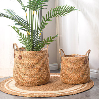Nordic simple rattan flower pot woven straw flower basket round floor-standing large set of pots woven flower basket Monstera plant