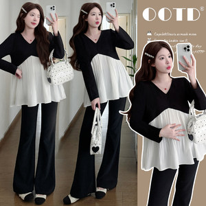 
2026 Maternity Spring Clothes V-neck design pleated maternity baby doll shirt maternity top slightly flared casual belly support pants