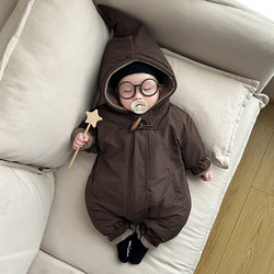 Korean Style Winter Baby Jumpsuit, Cute Padded Thickened Romper, Baby Autumn and Winter Fleece-Lined Cotton Clothing, Trendy Outdoor Crawling Suit