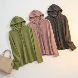 D17964 Casual Style Hooded Long-Sleeved T-Shirt for Women, Loose-Fitting Knitted Top with Straps, Versatile and Slimming