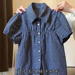 Retro Plaid Polo Collar Puff Sleeve Shirt Women's Slim Fit Summer Work Clothing Versatile Babydoll Top