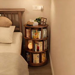 All-Solid Wood Rotating Bookshelf, 360-Degree Bookcase Integrated Against the Wall, Movable Storage, Living Room Corner Floor-Standing Shelf