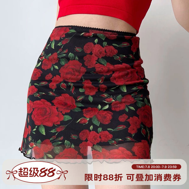 GO GIRL Go homemade retro European and American rose printed mesh skirt high waist bag hip short skirt female A -character skirt