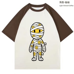 
1245 cartoon mummy smiling face printed raglan short-sleeved T-shirt casual style couple tops with contrasting colors