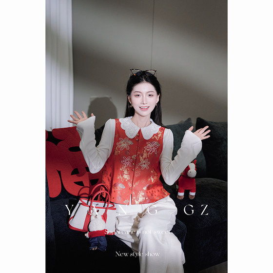 YANG GZ【花火绽放-红】新中式新款秋冬马纹圆领马甲外穿上衣女