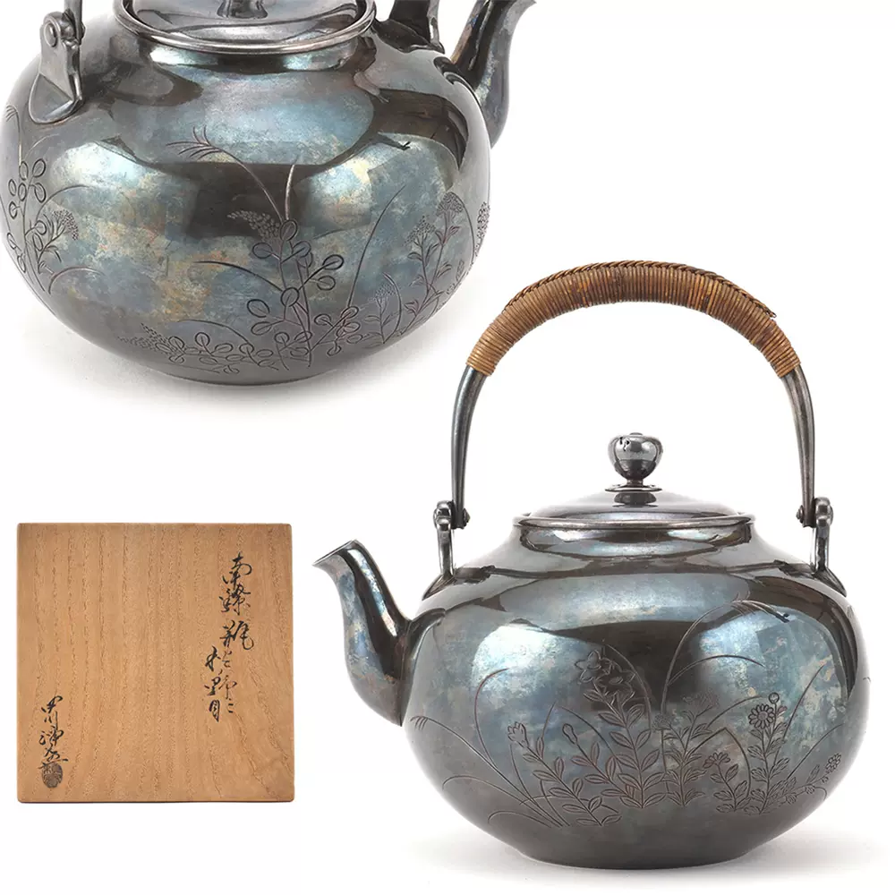 日本老銀壺明治時期長翁齋造純銀鏨刻金摘炮口急須對壺銀盤套組-Taobao