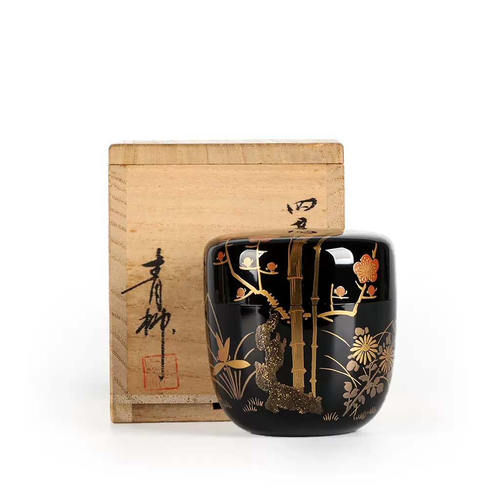 日本轮岛涂大师一后一兆作松岛金莳绘茶枣金梨地浮雕堆漆抹茶道具 