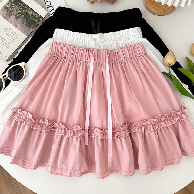 Sweet and versatile lace-up bow high waist slim fungus ruffled skirt anti-exposure short skirt cake skirt women