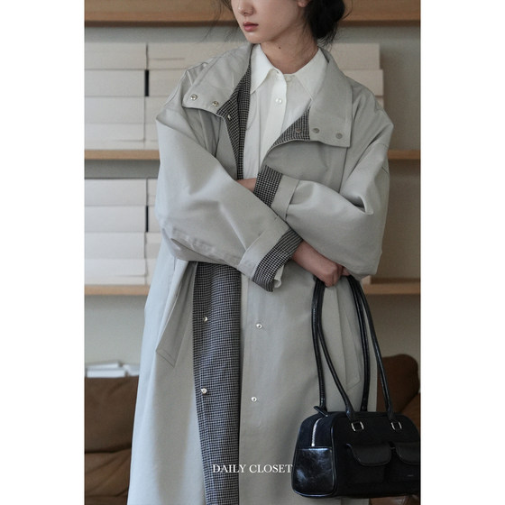 
DC September Benefit Hyde Park Classic Stand Collar Retro Coat Women's Contrast Check Pattern Splicing Long Windbreaker