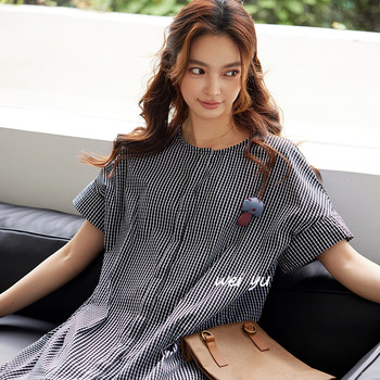 Weiyu large-size women's plaid dress 2025 summer new fishtail skirt round neck short sleeve loose slim skirt
